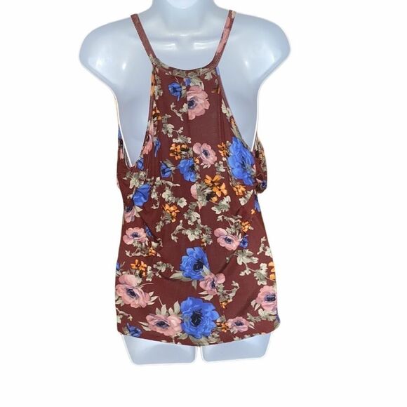 Papaya Floral Cold Shoulder Tank Top Brown Multicolor Size M - Picture 2 of 6